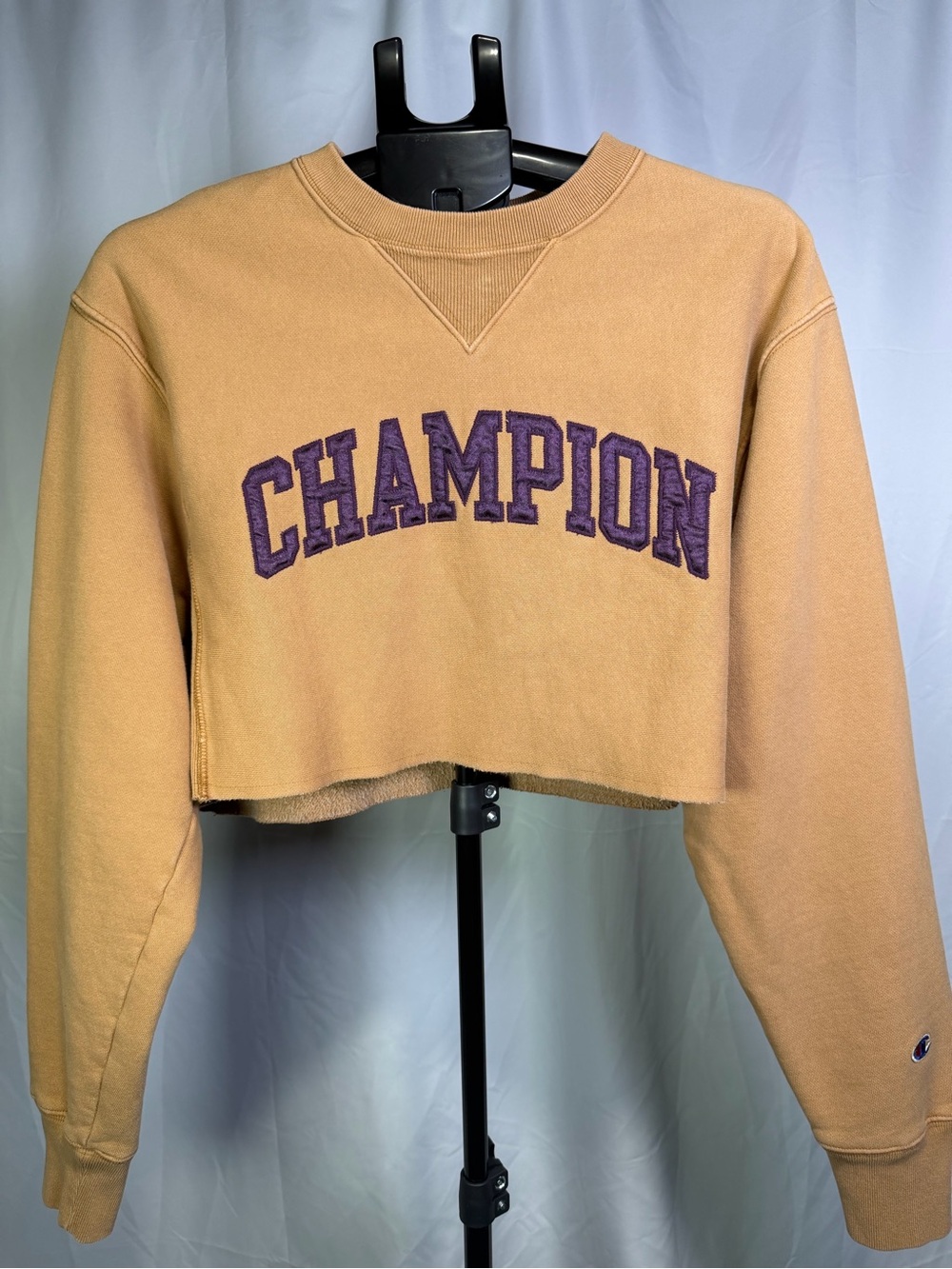 Champion Cropped Crewneck Sweatshirt in Tan with Purple Logo